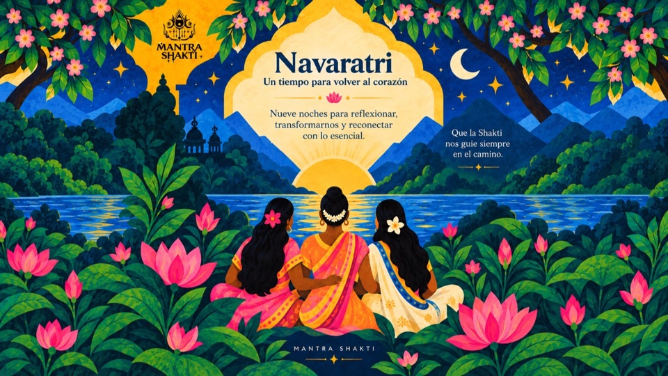 Tres figuras junto al agua en la ilustración Navaratri: un tiempo para volver al corazón, de Mantra Shakti