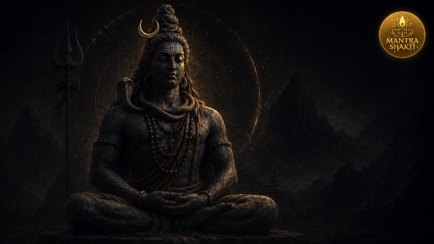 Ilustración serena de Shiva en meditación con tonos azules profundos